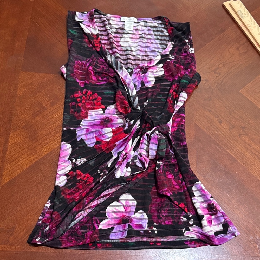 Cache Floral V-Neck Blouse wrap tie top stretch Small Sv neck